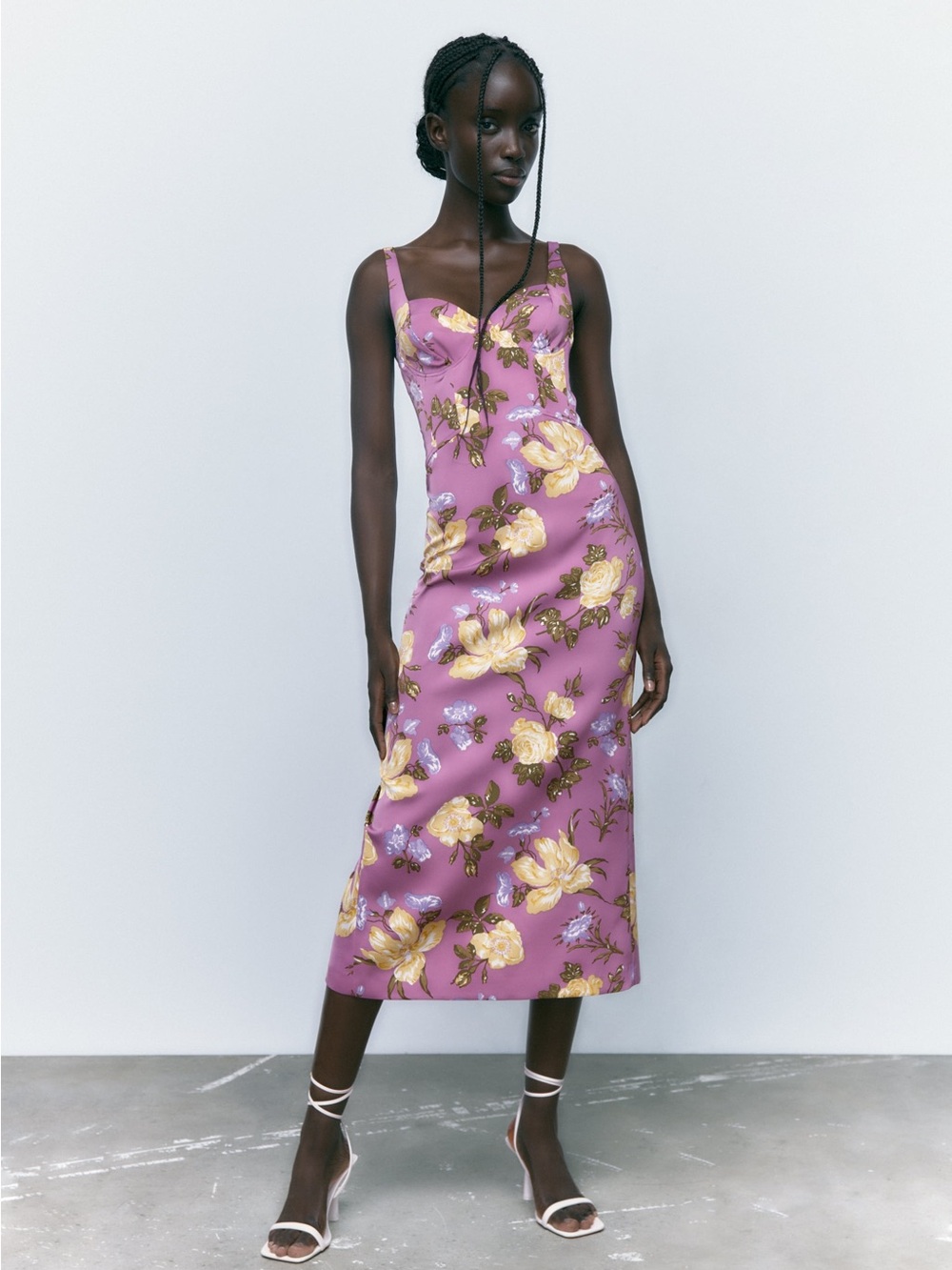 Zara Mauve Pink Floral Midi Dress with Yellow Rose Print